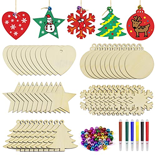 BROTOU 50PCS DIY Wooden Christmas Ornaments, Unfinished Wood Ornaments Crafts for Holiday, Festival, Wedding Party, Christmas Crafts for Kids