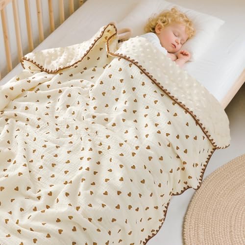 Image of Baby Blanket Double Layer Cotton Muslin, 40x40Inch Soft Minky Blanket with Dotted Backing, Baby Gifts for Girls Boys Toddlers Newborn (Heart)