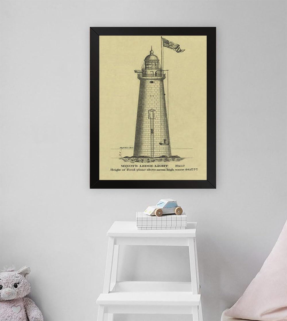 GADGETS WRAP Printed Photo Frame Matte Painting for Home Office Studio Living Room Decoration (11x17inch Black Framed) - Minot's Ledge Lighthouse