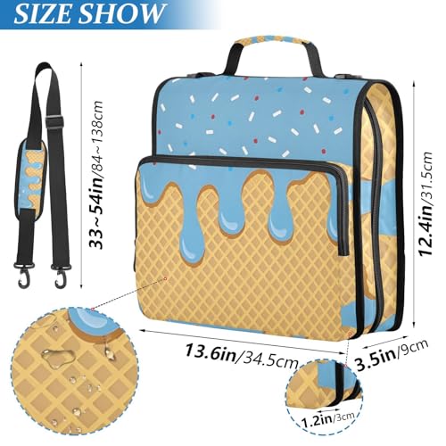Image of 3 Ring Zipper Binder with Shoulder Strap Blue Ice Cream 1.5 inch Binders Keeper Large Capacity Multi Pockets for School Office Supplies
