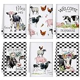FuWeave 6 Pcs Christmas Cow Kitchen Towels Dish Hand Tea Towels Farm Animal Cow Vintage Rustic Tea Wash Cloth Gifts for Farmhouse Kitchen Baking Cooking Bathroom Christmas Decor, 16 x 24 Inch