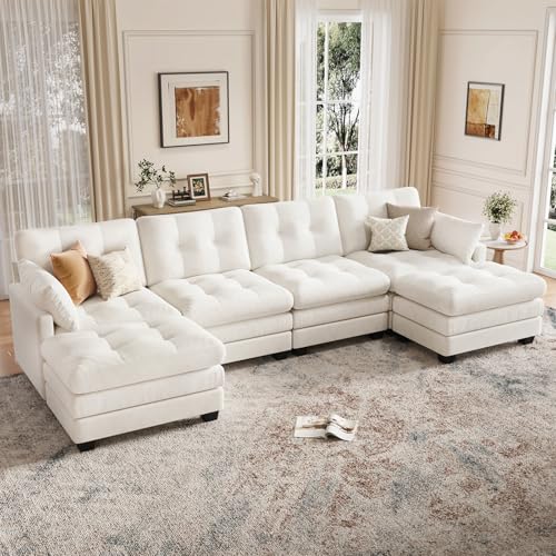 Image of Modular Sectional U Shaped Sofas Couches for Living Room, Tufted Cloud Couch with 2 Movable Ottomans, Comfy Chenille Deep Seat Sofa with Soft Pillows for Bedroom and Apartment, Beige