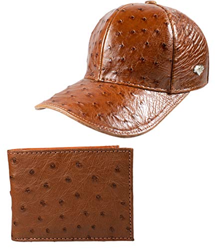 Package Exotic Genuine Ostrich Leather Cap Hat and Wallet Color Cognac