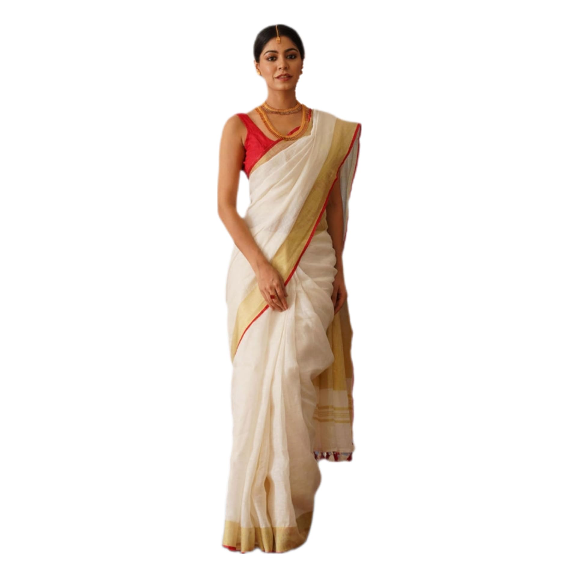 Women's Traditional Kerala Onam Saree | Linen Cotton Off- White Golden Zari Border | Checked & Plain Kasavu Look With Red Contrast Blouse Piece_0.9m-image-21
