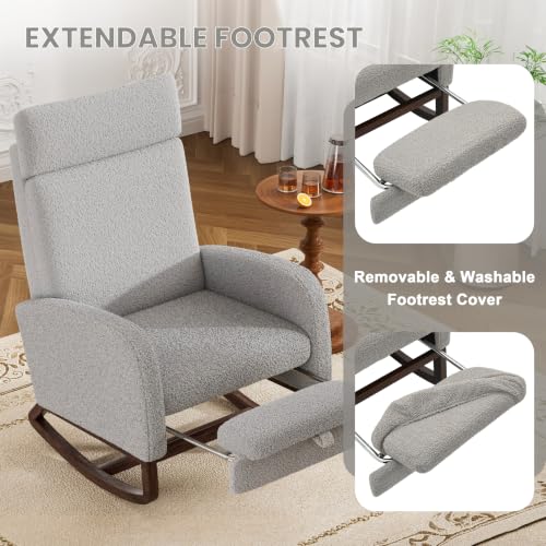Image of Teddy Nursery Rocking Chair, High Back Glider with Footrest, Gray | Teddy Rocking Chair Nursery with Footrest Storage Pocket Upholstered Accent Arm Chair for Living Room Bedroom Indoor