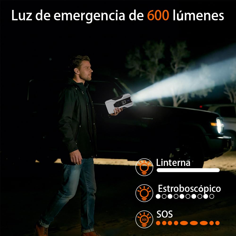 AWESAFE 12000Mha Inflador de Neumáticos 150PSI con Arrancador de Baterias de Coches (Todo Gasolina o 10L Diésel), Compresor de Aire Portátil para Coche con Pantalla LCD, Luz de Emergencia