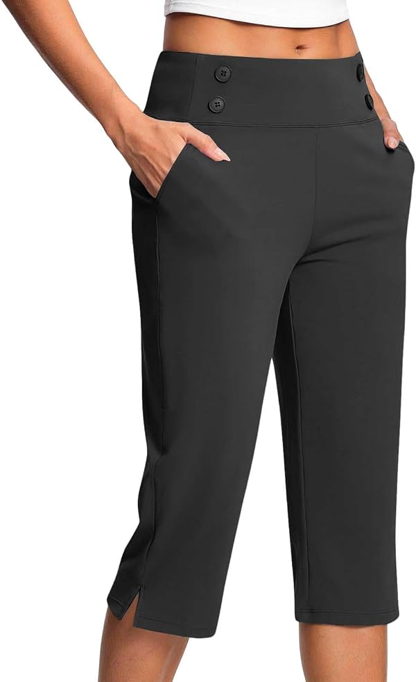 Yaoeye Pantalones Capri para Mujer con Bolsillos, Talla Grande, Cintura Alta, Elásticos, Cortos, para Golf y Yoga, Elegantes de Pata Ancha