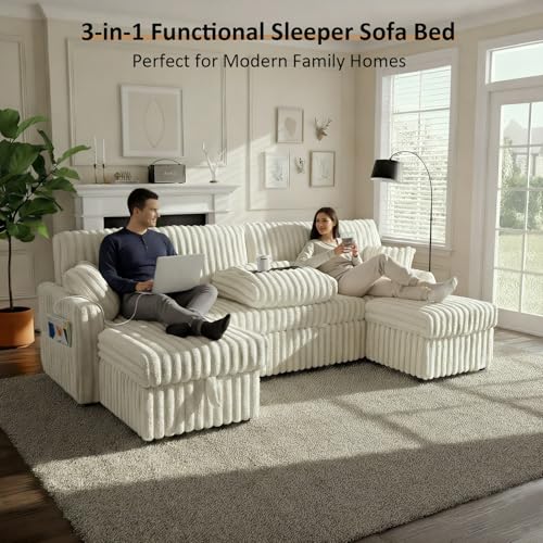 Image of KCGKCG 104 inch U Shaped Sleeper Sofa Bed, Pull Out Couches for Living Room | Pull Out Sofa Bed with Storage Chaise, Dual Cup Holders, Side Storage Pocket, Charging Station, Plush Corduroy Fabric