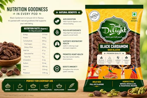 Image of Pink Delight Black Cardamom (Badi Elaichi) 20 g | Premium Bold Black Elaichi Pods | Strong Smoky Aroma for Biryani, Dal, Garam Masala & Tea | Natural Whole Spices Hygienically Packed