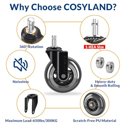 COSYLAND Office Chair Wheels Replacement - Rubber Chair casters for Hardwood Floors and Carpet, Set of 5, Heavy Duty Office Chair casters for Chairs to Replace 10mm