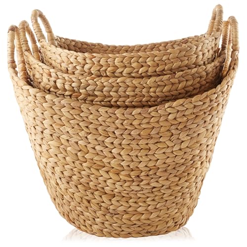 Casafield STO-B4651-NAT Set Of 3 Multipurpose Boat Baskets With Handles - Natural, Woven Water Hyacinth Storage Organizers For Throw Blankets, Bedroom, Living Room, Laundry thumb #3