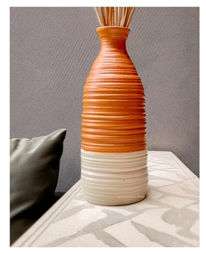 Image of SPHINX Handmade Ceramic Flower Vase - Vintage Dual-Tone Farmhouse Vase - Rustic Ribbed Texture Boho Decor Pampas Grass Vase, Artisanal Home Decor (Carafe-Shaped-8.5 Inch)