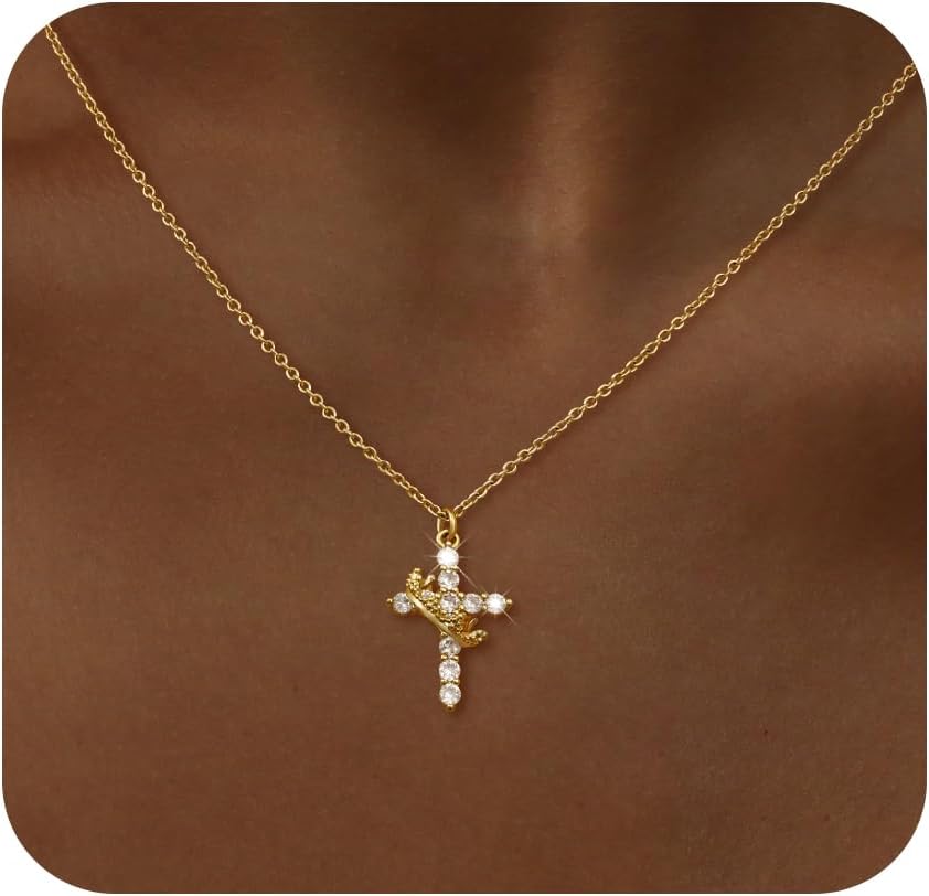 cz gold crown cross necklace