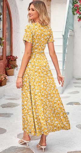 Image of WNEEDU Women's Summer Maxi Dress Short Sleeves Wrap V Neck Long Dresses with Pockets
