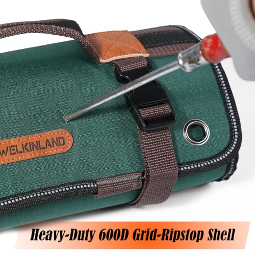WELKINLAND-15-Pocket-Tool-Roll-Heavy-Duty-Green-RipStop-15L-Capacity-Easy-Access-Roll-Up-Tool-Bag-Fully-Opened-Roll-Up-Tool-Pouch-Durable-Tool-Wrap-Roll-Tool-Roll-Bag-Organizer-For-Mechanic