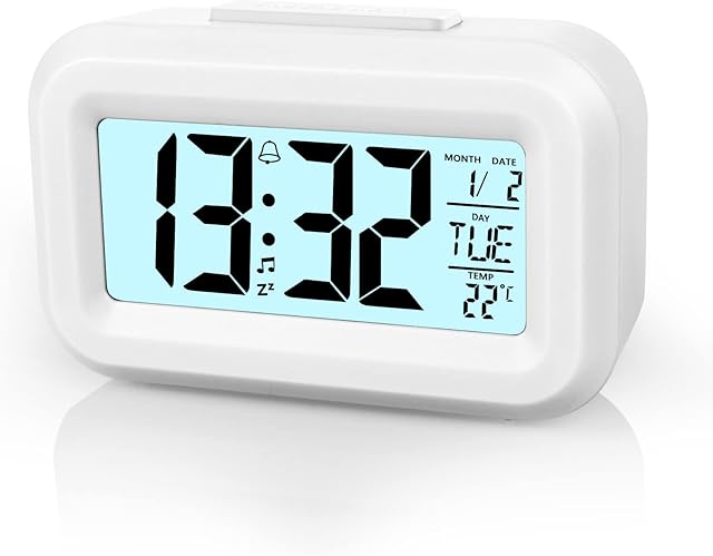 Vicloon Digital Alarm Clock Bedside, LED Display Clocks with Adjustable Snooze 12/24Hr,Temperature, Date,Timer, Light control Portable Alarm clocks for Bedroom Home Office KitchenWhite