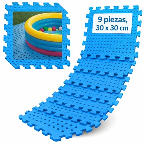 Esterilla de Goma Eva, Alfombrilla de Espuma EVA para Suelo, Suelo de Piscina y Jardín Formato Puzzle, Grosor 1 cm, Cubre una Superficie de 0,81 m², 9 Unidades de 30x30 cm, Azul Perforada