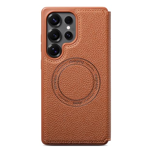 Image of Cubix Flip Cover for Samsung Galaxy S25 Ultra | Pebble-Grain Texture | N52 High-Strength Magnet | Magnetic Wireless Charging Compatible | 2 Card Slot | Slim Full Cover (Brown)