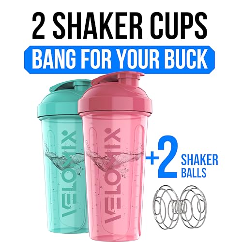 Image of VELOMIX 24 oz Stainless Steel Shaker Bottle with Wire Whisk - Leakproof, No Clumps, Odor Resistant Metal Shaker Bottle, Shaker Cups for Protein Shakes, Pre Workout and Smoothie (Pink-Turquoise)