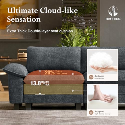 Image of HERA'S HOUSE 3-Seat L Shaped Modular Cloud Couch Sectional Sofa Ottoman | Modern 87.5 inch Couch, Cyan, Wider Armrest, Comfy Deep Seat, Soft Chenille Sofa for Living Room