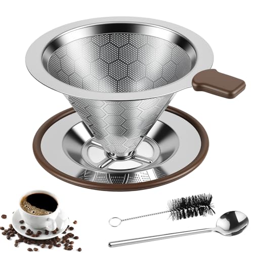 Wozzies Filtri Caffe Americano Riutilizzabile, Set di Filtro Caffe a Nido D'ape con Spazzolino e Cucchiaio, Filtro per Caffè in Acciaio Inox per la Produzione di Caffè a Mano, Facile da Pulire