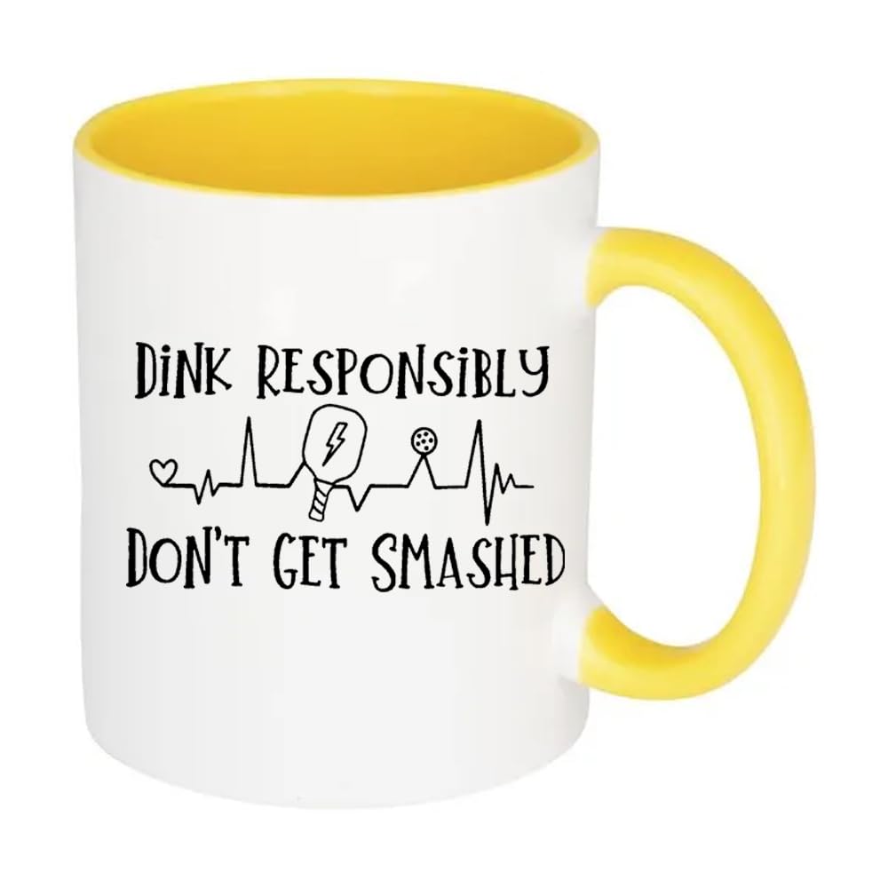 Giftme Pickleball Mug, Dink Responsibly Don't Get Smashed, Women's Pickleball, Inside Coloured Mug, Ceramic Coffee, Tea Mug. (Yellow)