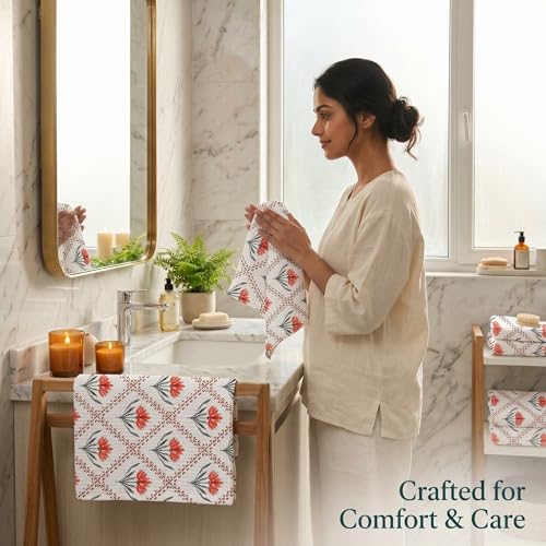 Image of Mafatlal Madhuban Lightweight Cotton Set (1 Bath 147x76 cm + 2 Hand 76x38 cm) | 250 GSM | Floral Hand Print, Quick Dry | Koi White Color