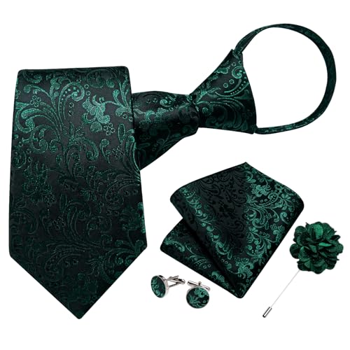 Image of DiBanGu Mens Zipper Tie Silk Pre-Tied Necktie with Gift Box | Jacquard Woven,Paisley Solid Plaid Pattern,6PCS with Pocket Square,Cufflinks and Lapel Pin,for Wedding Party Formal Business