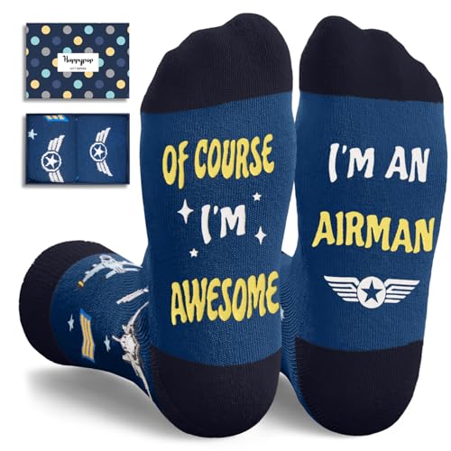HAPPYPOP Military Gifts for Men - Army Navy Air Force Marine Corps Socks for Veterans Day (Awesome Airman Dark Blue)