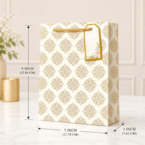 Image of Floral Paper bags - Bags for gifting - Gift bags small size - Carry Bags for Gifting - Return gift bags Wedding Birthday Baby shower - Pack of 10 - Size 7 x 9 x 3 inch