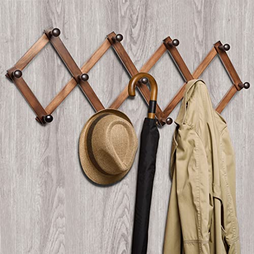 Image of Amber Home Wood Accordion Wall Rack 13 Hooks (Pegs), Expandable Wall Mounted Hanger for Coat, Hat, Scarf, Coffee Mugs, X Shape Coat Hooks (Antique Retro Color)