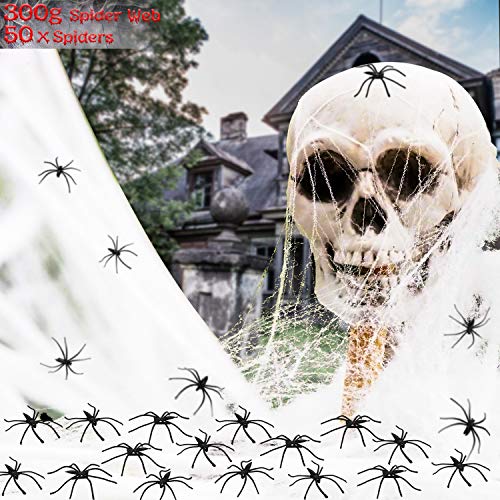 Popolic Telaraña Halloween, Decoración de Halloween de Telaraña Terror Estirable con 50 Arañas Falsas, Telaraña de Araña Espeluznante para Decoraciones de Fiesta de Halloween en Interiores/Exteriores