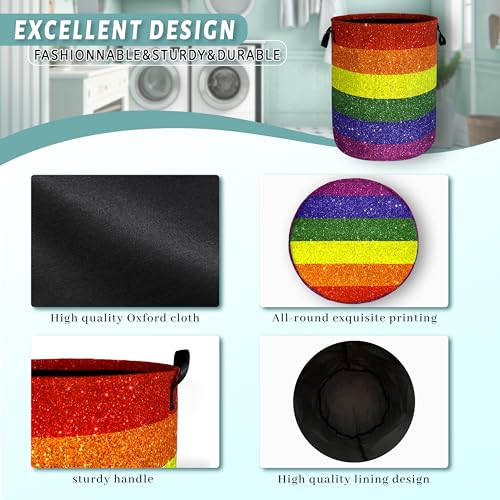 Image of Shiny Rainbow Laundry Basket Oxford Cloth Foldable Hamper 18.9x16.5 Inch | With Handle Tote Bag Colorful Laundry Hamper Clothes Storage Bucket Toy Organizer For Bathroom /Laundry /Bedroom