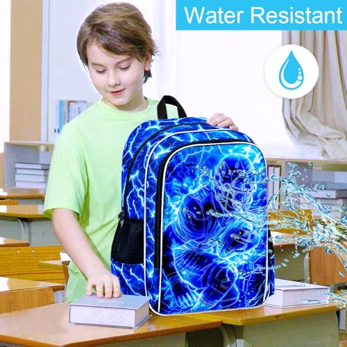 Image of 3Pcs Football Backpack for Boy, 17 inch Lightning Bookbag for Elementary Preschool Kindergarten, Kids School Backpacks with Lunch Box (Blue)