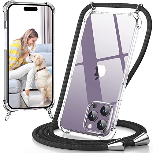 caslord Handyband kompatibel mit iPhone 14 Pro, Necklace Hülle mit Bands Handyhülle für zum Umhängen, Transparent Case mit Handykordel, Schwarz
