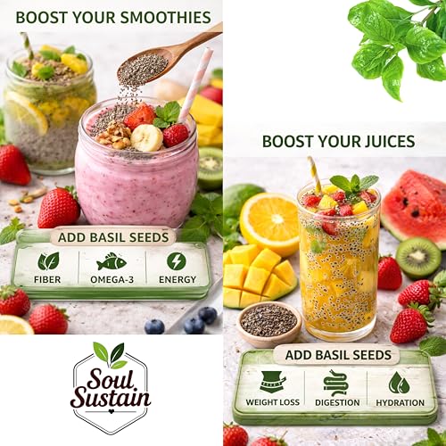 Image of SoulSustain Basil Seeds Sabja Seeds 100 Gram for Drinks Falooda Detox Fiber Rich Tukmaria Seeds for Digestion Cooling Summer Drink Ingredient Natural Sweet Basil Seeds for Soaking Beverages.