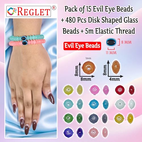 Image of 15 Pcs Evil Eye Beads + 480 Pcs Disk Shaped Glass Beads for Jewellery Making Kit - Glass Beads for Bracelet Making Kit - Bead Craft - 8 * 4mm