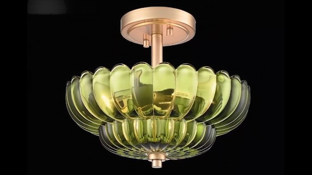 Image of Modern Green Glass Scalloped 3-Light Flush Mount Ceiling Light Black Base | Vintage Ceiling Lights, Close to Ceiling Light, Semi Flush Mount Ceiling Light for Hallway Bedroom Entryway Kitchen