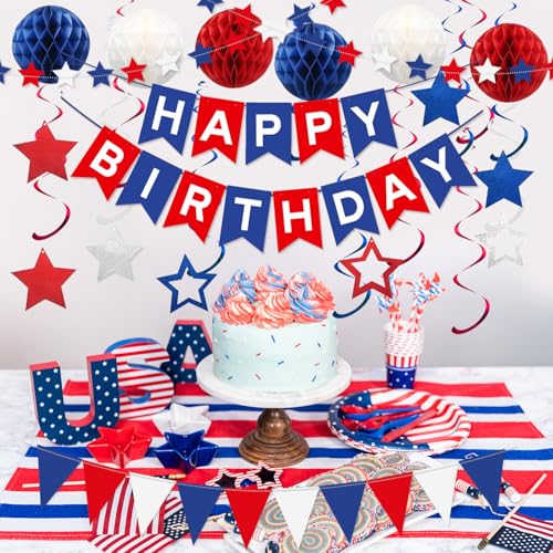 Image of Blue, White & Red Birthday Party Decorations - Happy Birthday Banner, Honeycomb Balls, Star Streamers, Triangle Flags, Perfect for 4th of July & Baseball Parties