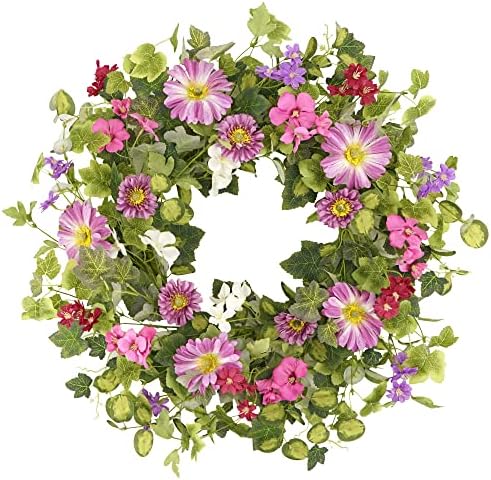 YNYLCHMX 20" Spring Flower Wreath with Pink Daisy & Green Eucalyptus Leaves, Artificial Wreath Green Foliage Wreath for Wall Window Farmhouse Party Holiday Home Decor