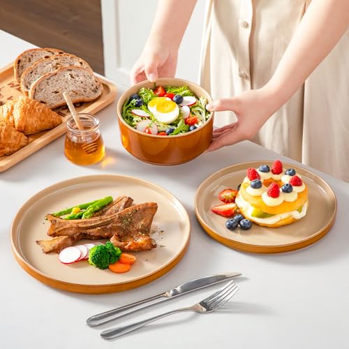Image of vancasso ONION Ceramic Plates and Bowls Sets, 12 Pieces Brown Dinnerware Sets for Kitchen, Reactive Glaze Dishes Set for 4, Dishwasher and Microwave Safe