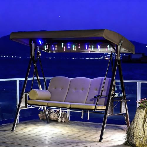 Image of PURPLE LEAF 3-Seat Deluxe Outdoor Patio Porch Swing with Weather Resistant Steel Frame, Adjustable Tilt Canopy, Cushions and Pillow Included, Beige
