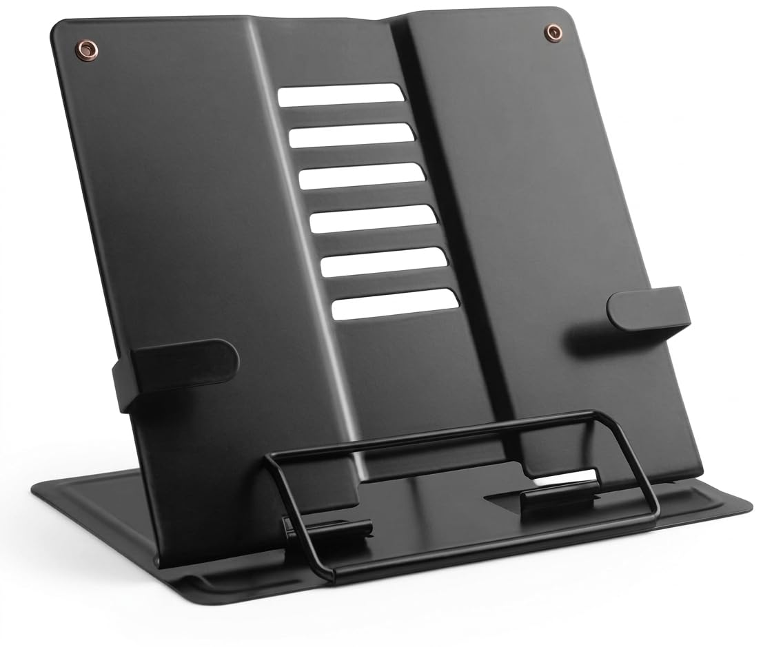 Metal Book Stand | Portable Cookbook Holder, Adjustable Recipes Organizer | Foldable Reading Study Accessories (Multicolor)-image-0