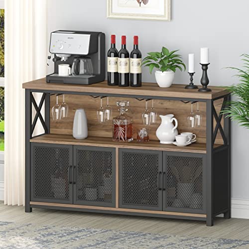 LVB Wine Bar Cabinet, Industrial Sideboard Buffet Cabinet, Coffee Bar Cabinet for Liquor and Glasses, Farmhouse Metal Wood Liquor Rack Cabinet for Home Living Dining Room Kitchen, Rustic Oak, 47 Inch