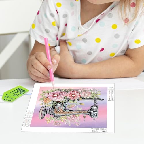 Image of Diamond Art Painting Kits for Adults, 5D Special Shape Diamond Art Kits for Beginners, Crystal Rhinestones Diamond Art Painting for Home Wall Decoration Gift 12x12inch, Old Flower Sewing Machine