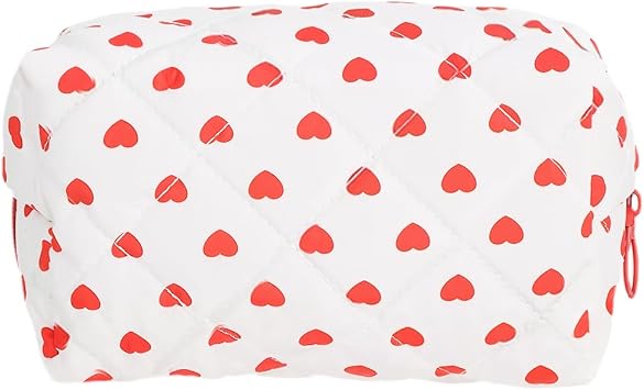 White Makeup Brush Cosmetic Bag for Women Cute Heart Patterns Travel Quilted Zipper Portable Storage Bag Toiletry Organizer Case Aesthetic Travel Cloth Pouch for Cosmetic Toiletry