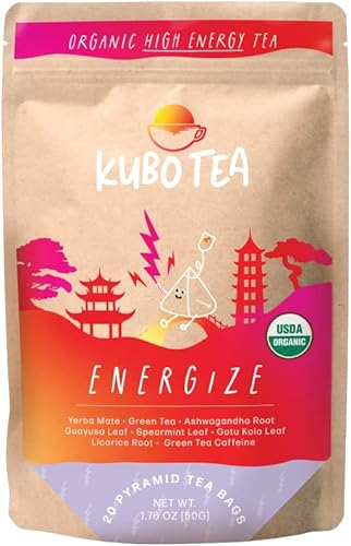 Kubo Tea, Organic High Energy, High Caffeine Blend, 20 Servings (140mg Caffeine each), Pyramid Tea Bags, Compostable & Biodgradable Packaging, Brew Hot or Iced, Healthy Coffee Substitute- Energize Yerba Mate Tea