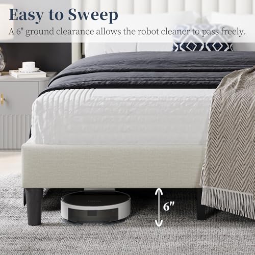 Image of Yaheetech Full Bed Frame with Headboard,Ivory Channel-Tufted Platform