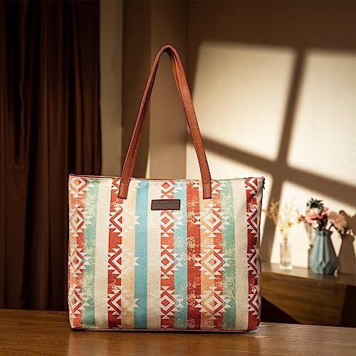 Image of Montana West Wrangler Aztec Print Canvas Tote Bag Capacity Shoulder Bag for Work, Travel & Everyday Use