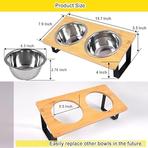 Stand-Up Tilted Bamboo table & Metal elevated dog bowls – 2 Stainless Steel Bowls for Food or Water Included, Elevated pet Feeder Perfect for Small Dogs, Cats, Medium pets
